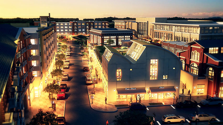 Rendering of streets and stores at Liberty Center