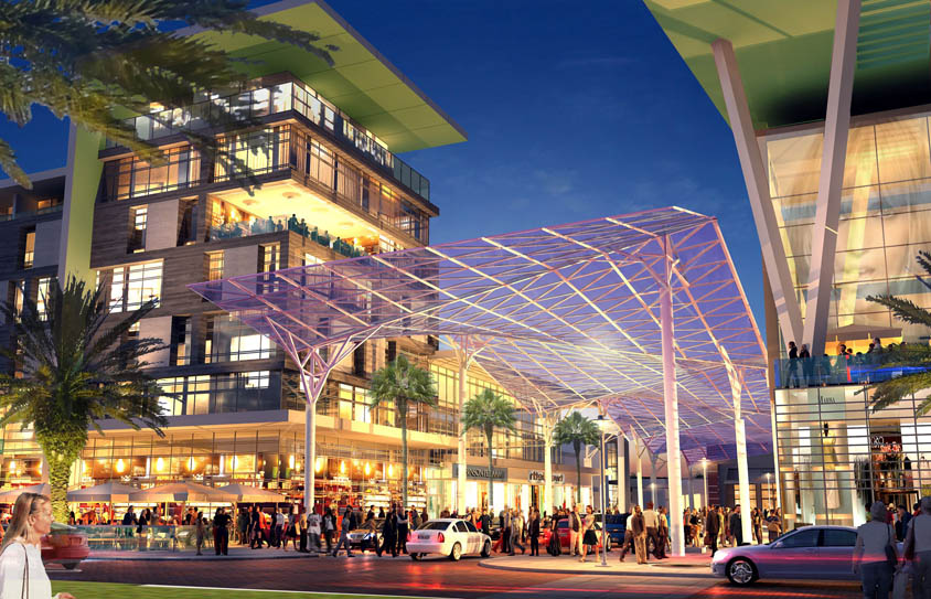 Glass canopy over a street at Lake Nona Town Center