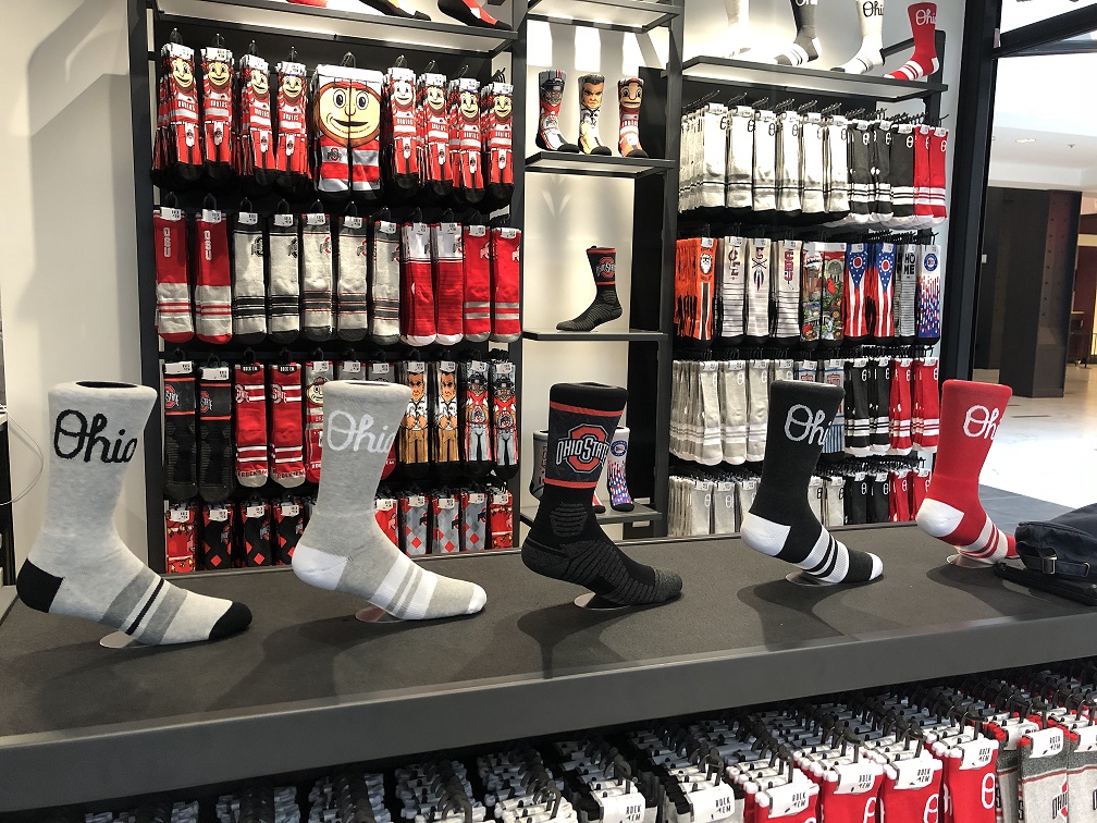 Ohio socks lined up in a display at ShopLAB