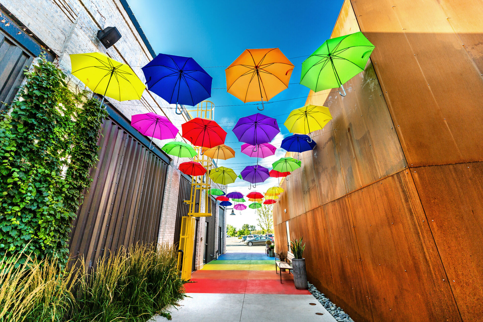 Alley with rainbow painted sidewalk, covered overhead by colorful umbrellas