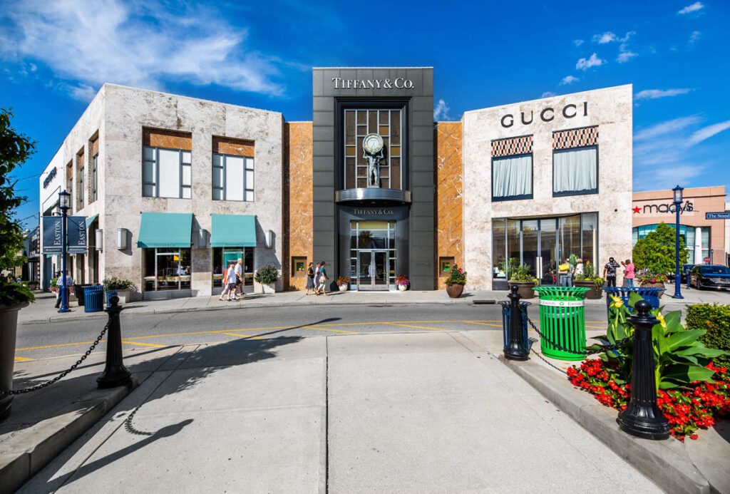 Tiffany & Co and Gucci storefronts at Easton Town Center in Columbus, OH